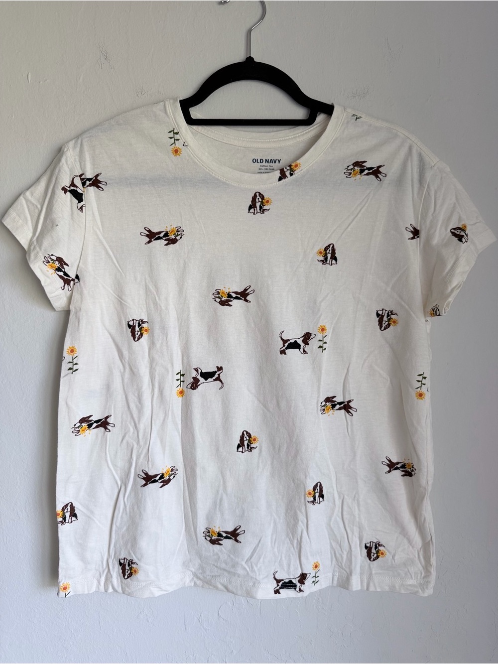 Old Navy Girls Short Slv T-Shirt Allover Basset Hound Sunflower Print, Cream XXL